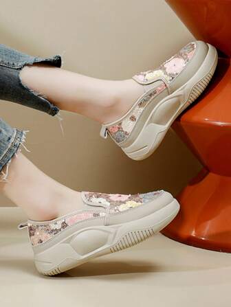 Women's Summer Slip-On Sports Casual Shoes, Sequin Flower Decor Flat Loafers, Stylish & Comfortable