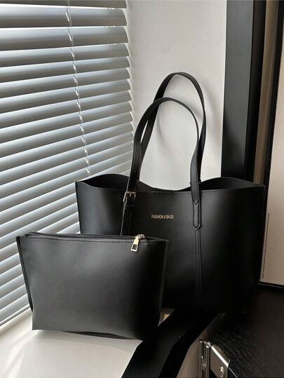 Set de 2 piezas: Bolso de mano de PU con letra pequeña de estilo casual y elegante + Cartera de embrague minimalista, adecuado para compras, ir al trabajo, viajes y uso diario de mujeres