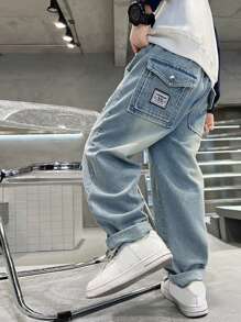 Jeansy vintage dla chłopców w stylu tween boy, proste, z przetarciami, luźny krój, z kieszeniami z patką i zapięciem na guziki, odpowiednie dla nastolatków w wieku 8-14 lat i starszych dzieci do noszenia na co dzień