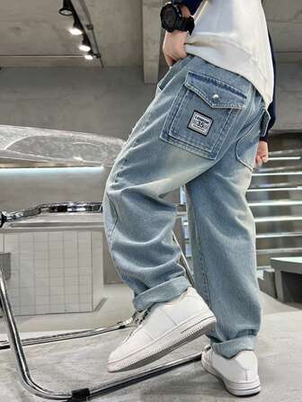 Tween Boy Vintage Straight Leg Distressed Jeans, Loose Fit, Back Pocket Flap Button Closure Denim Pants, Suitable For 8-14Y Teenagers And Older Children For Everyday Wear