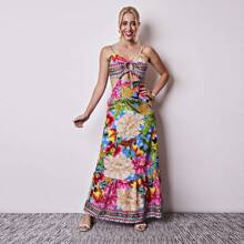 Women's Long Printed Dress - Màu xanh lam - Xem 1