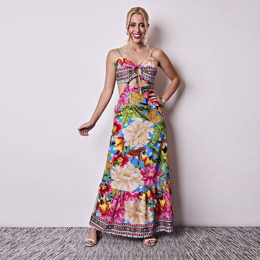 Women's Long Printed Dress - Màu xanh lam - Xem 1