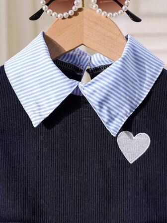 2pcs/Set Young Girl Fashion Casual 2 In 1 Polo Collar Top And Flared Hem Jeans Set