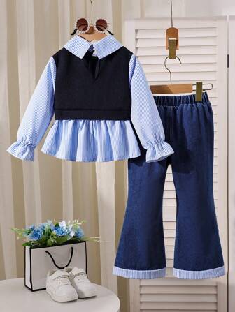 2pcs/Set Young Girl Fashion Casual 2 In 1 Polo Collar Top And Flared Hem Jeans Set