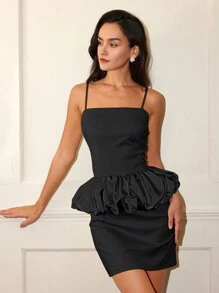 Vestido sin mangas de color liso con dobladillo abullonado para mujer, diseño elegante y de calidad apto para fiesta, fiesta de noche, San Valentín, diseño espalda descubierta, primavera/verano - Negro - Ver 1