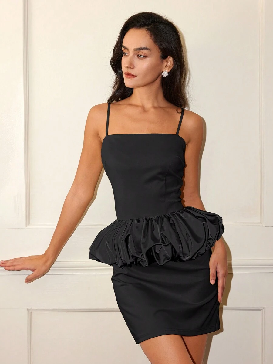 Vestido sin mangas de color liso con dobladillo abullonado para mujer, diseño elegante y de calidad apto para fiesta, fiesta de noche, San Valentín, diseño espalda descubierta, primavera/verano - Negro - Ver 1