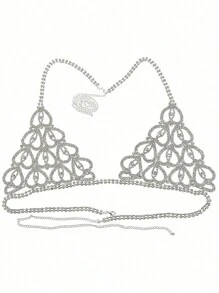 Silver-Plated Crystal Heart Body Chain Set, Includes Triangle Cup Bra And Panties - Silver - View 4
