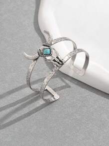 1 chiếc vòng tay dạng lắc tay có thể mở được trang trí hình đầu bò theo phong cách phương Tây cổ điển dành cho nữ - Màu Bạc Cổ - Xem 2