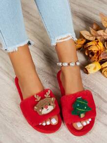 女士蓬松交叉带拖鞋，记忆泡沫室内户外舒适毛绒拖鞋，红色，酒红色，圣诞红色，时尚礼品鞋 - 紅色 - 查看 6