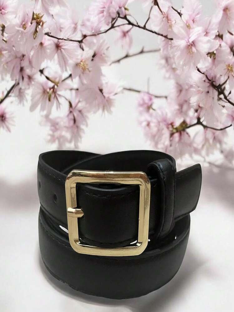 Women's Leather Belt Gold Buckle Width 2.5CM - màu đen - Xem 2