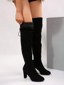 2025 Women's Fashion Faux Suede Black Elastic Thigh High Boots, Solid Color Pointed Toe Lace-Up Elegant Personalized Tall Boots, Wrinkle Style Suitable For Christmas, New Year Party