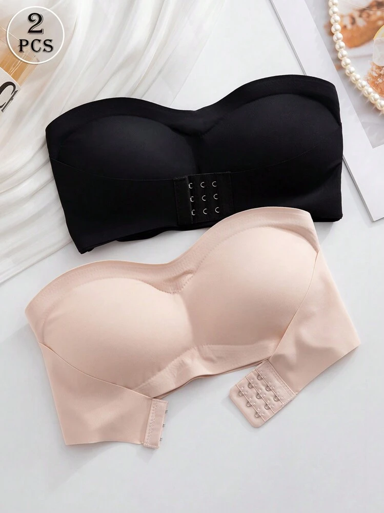 Set de 2 sujetadores sin tirantes de unicolor con cierre delantero, con tiras de silicona antideslizantes mejoradas, sujetador inalámbrico cómodo con copas delgadas, sujetador de elevación y recogida no tradicional para mujeres, negro + beige - Multicolor - Añade 3