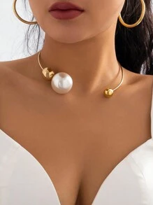 1 件装大珍珠项链，配金属项圈，Y2K 不对称几何圆珠项链，复古朋克酷女孩锁骨链，节日派对珠宝礼物 - 珍珠項圈 - 查看 6