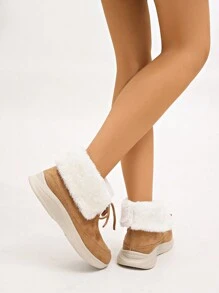 1 Pair Women Round Toe Buckle & Zipper Winter Snow Boots, Slip-Resistant, Lightweight Flat Sole, Waterproof Fabric Upper, Short Shaft, Versatile For Down Jacket, Dress, Brown, Winter New, Outdoor Casual Sport Warm, Plush Lining - Brown - View 3