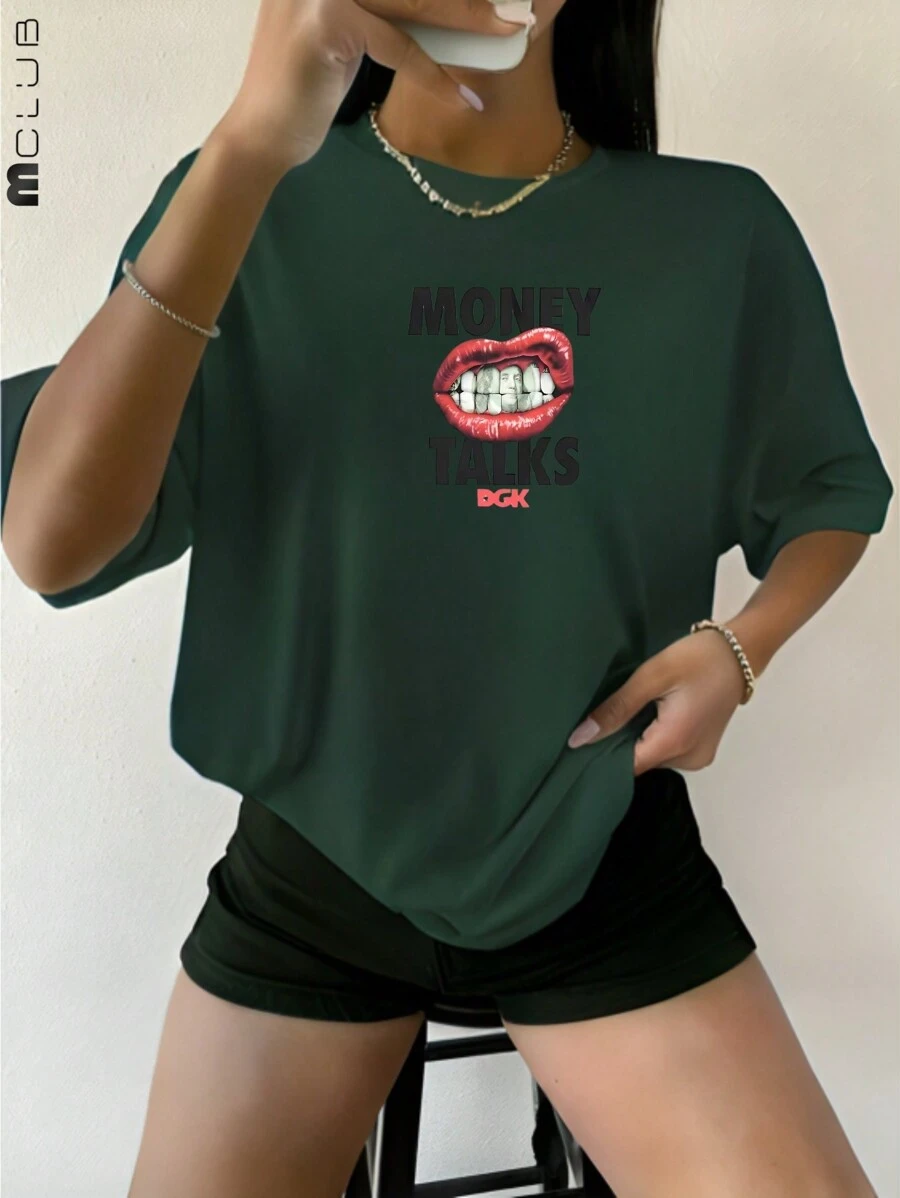 Women's Money Talks Printed T-Shirt Cotton Tshirt Unisex Shirt - 綠色 - 查看 1