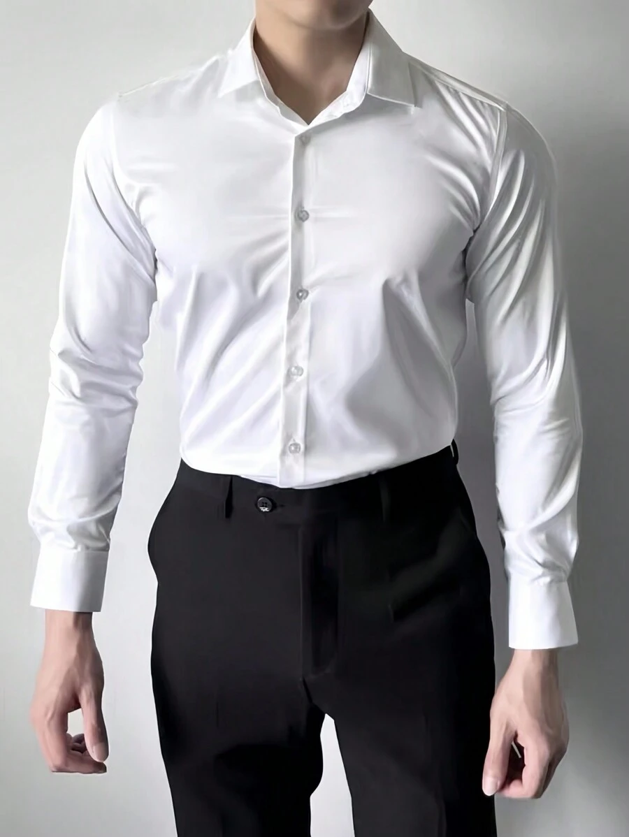 Men's Long Sleeve Plain Button Down Dress Shirt - White - View 1
