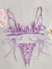Style Dream 2pcs Women Purple Floral Embroidery Mesh Lace Lingerie Set, Fashion See-Through Tied Design Nightwear Underwear For Valentine's Day Ultrathin Bra - Purple - View 2