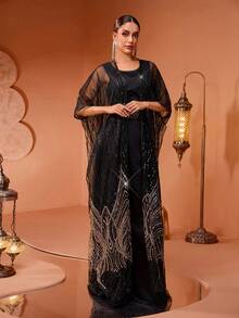 New High-End Elegant Women Sequin Lace And Mesh Patchwork Long Robe Dress - Black - View 3