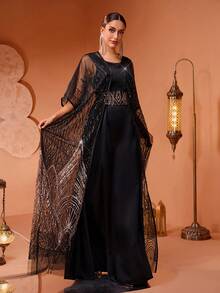 New High-End Elegant Women Sequin Lace And Mesh Patchwork Long Robe Dress - Black - View 5
