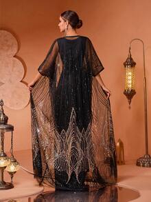 New High-End Elegant Women Sequin Lace And Mesh Patchwork Long Robe Dress - Black - View 7