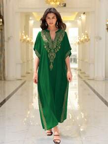 Green Embroidered Arabesque Stand Collar Dress Thobe For Women Dress Caftan - Olive Green - View 1