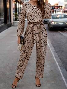 Women's Leopard Print Cinched Waist Long Sleeve Jumpsuit