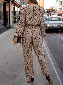 Women's Leopard Print Cinched Waist Long Sleeve Jumpsuit