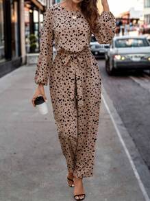 Women's Leopard Print Cinched Waist Long Sleeve Jumpsuit