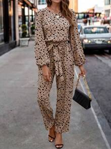 Women's Leopard Print Cinched Waist Long Sleeve Jumpsuit