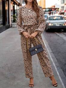 Women's Leopard Print Cinched Waist Long Sleeve Jumpsuit