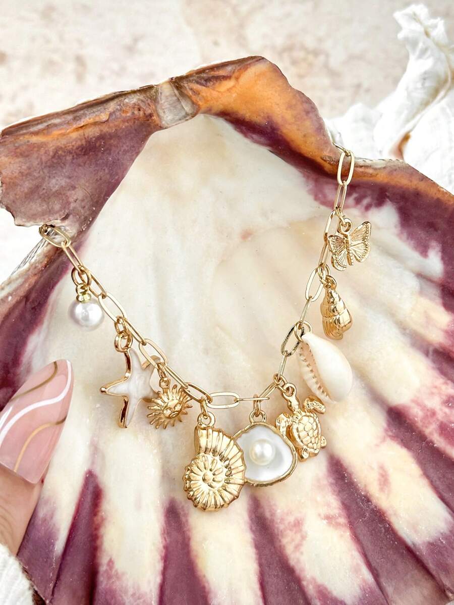 1 件海洋系列海星贝壳海龟吊坠手链女士 - 金色 - 查看 1