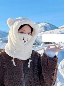 Gorro Bufanda Afelpado Pasamontañas Diseño de Oso - Blanco - Ver 2