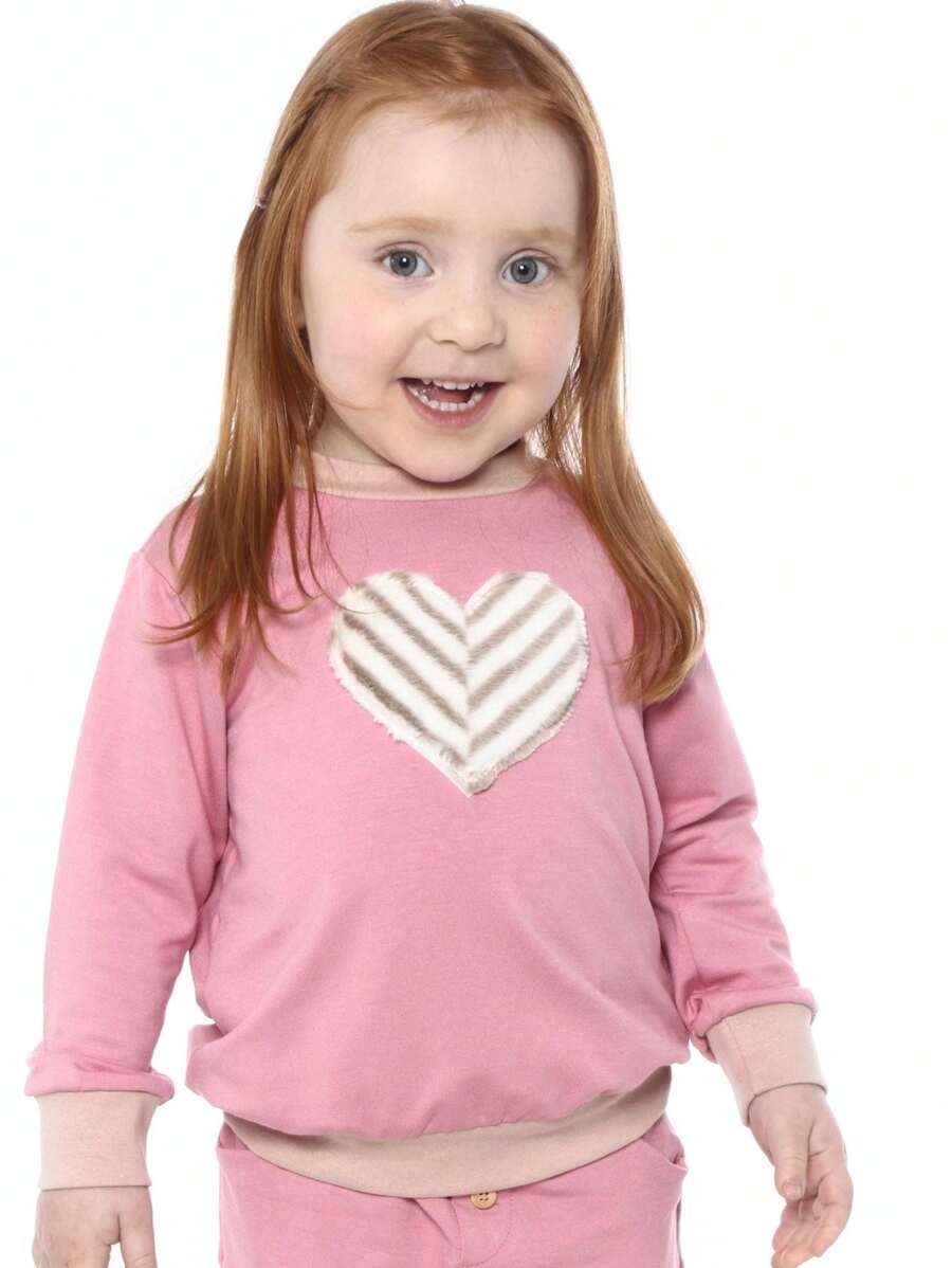 Pink Long Sleeve Girls' Sweatshirt With Heart Applique - Hồng - Xem 1
