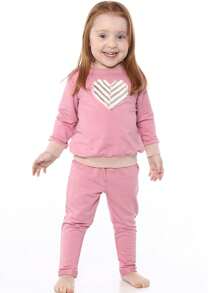 Pink Long Sleeve Girls' Sweatshirt With Heart Applique - Hồng - Xem 2