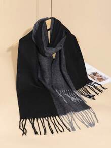 1 件女士和男士格子流苏围巾，厚实温暖羊绒般优雅柔软披肩，适合日常穿着，秋冬季，时尚街头风格 - 黑灰 - 查看 2