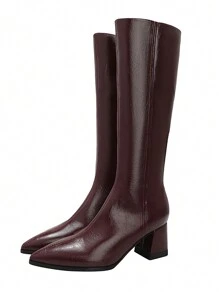 Women's Solid Color Stitching Decor Side Zipper Knee-High Boots, High Heel Pointed Toe Thick Heel Fashion Autumn/Winter Boots Available In Black, Burgundy, - Burgundy - View 9