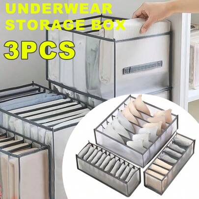 3/6 件家居内衣收纳盒，牛仔裤收纳工具，分隔格式收纳格宿舍袜子分类盒，网眼三件套胸罩内衣袜子，灰色、白色和黑色，现代简约风格可折叠连衣裙裤子鞋子牛仔裤靴子裙子