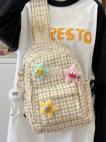 礼物星徽章吊坠，高品质胸包斜挎包，可爱学生学习背包，适合高颜值女生的旅行背包 - 棕色 - 查看 6