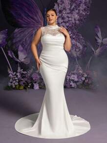 Faeriesty Plus Beaded Detail Mock Neck Ruched Front Mermaid Hem Wedding Dress - White - View 5