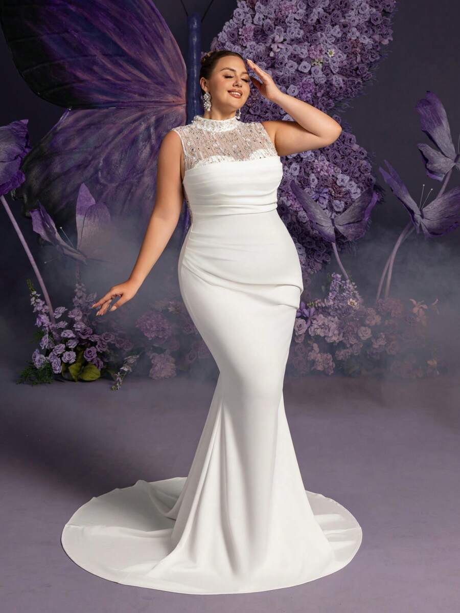Faeriesty Plus Beaded Detail Mock Neck Ruched Front Mermaid Hem Wedding Dress