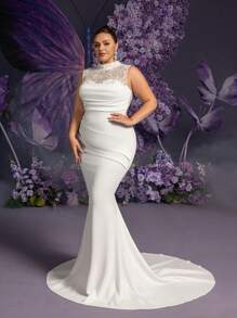 Faeriesty Plus Beaded Detail Mock Neck Ruched Front Mermaid Hem Wedding Dress - White - View 6