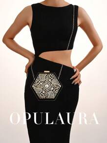 OpulAura 1件装复古不规则迷你丝绒手拿包，独特设计女士派对钱包，优雅钻石装饰晚宴包，适合婚礼、派对、舞会、宴会等场合。 - 黑色 - 查看 9