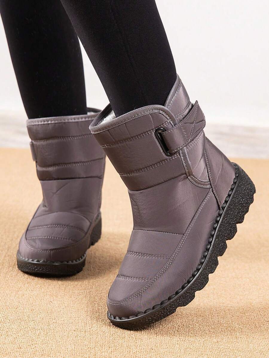Giày bốt đi tuyết đế dày chống thấm nước mũi tròn móc và vòng giữa bắp chân cho nữ, thường ngày cho trong nhà/ngoài trời, mùa thu/đông, màu đen - Xám - Xem 1