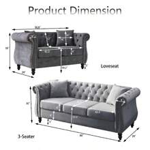 YOGLAD Modern Chesterfield Velvet Sofa, 2-Seater Sofa And 3-Seater Sofa With Curved Backrest Rolled Arm, Upholstered Tufted Backrests With Nailhead Arms And 2 Cushions For Living Room, Bedroom, Apartment, Office - 灰色 - 查看 2