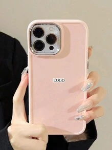 1 Piece Solid Color Silicone Phone Case, Luxury Electroplated Lens Frame LOGO Soft Case, Compatible With IPhone 15pro Max/14/13/12/11 - Hồng - Xem 4