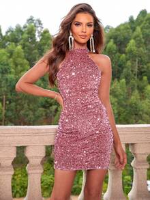 Joyfunear Women's Solid Color Shiny Sequin Bodycon Halter Mini Dress - Pink - View 2