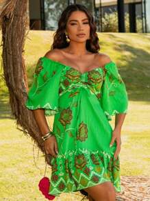 NADIA STRAPLES PRINTED DRESS WITH NECKLINE - 綠色 - 查看 2