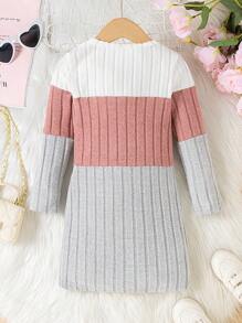 Girls Cartoon Embroidery Pattern Ribbed Knit Long Sleeve Dress, Spring/Autumn - Grey - View 2