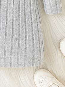 Girls Cartoon Embroidery Pattern Ribbed Knit Long Sleeve Dress, Spring/Autumn - Grey - View 6