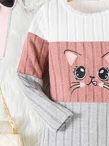 Girls Cartoon Embroidery Pattern Ribbed Knit Long Sleeve Dress, Spring/Autumn - Grey - View 4